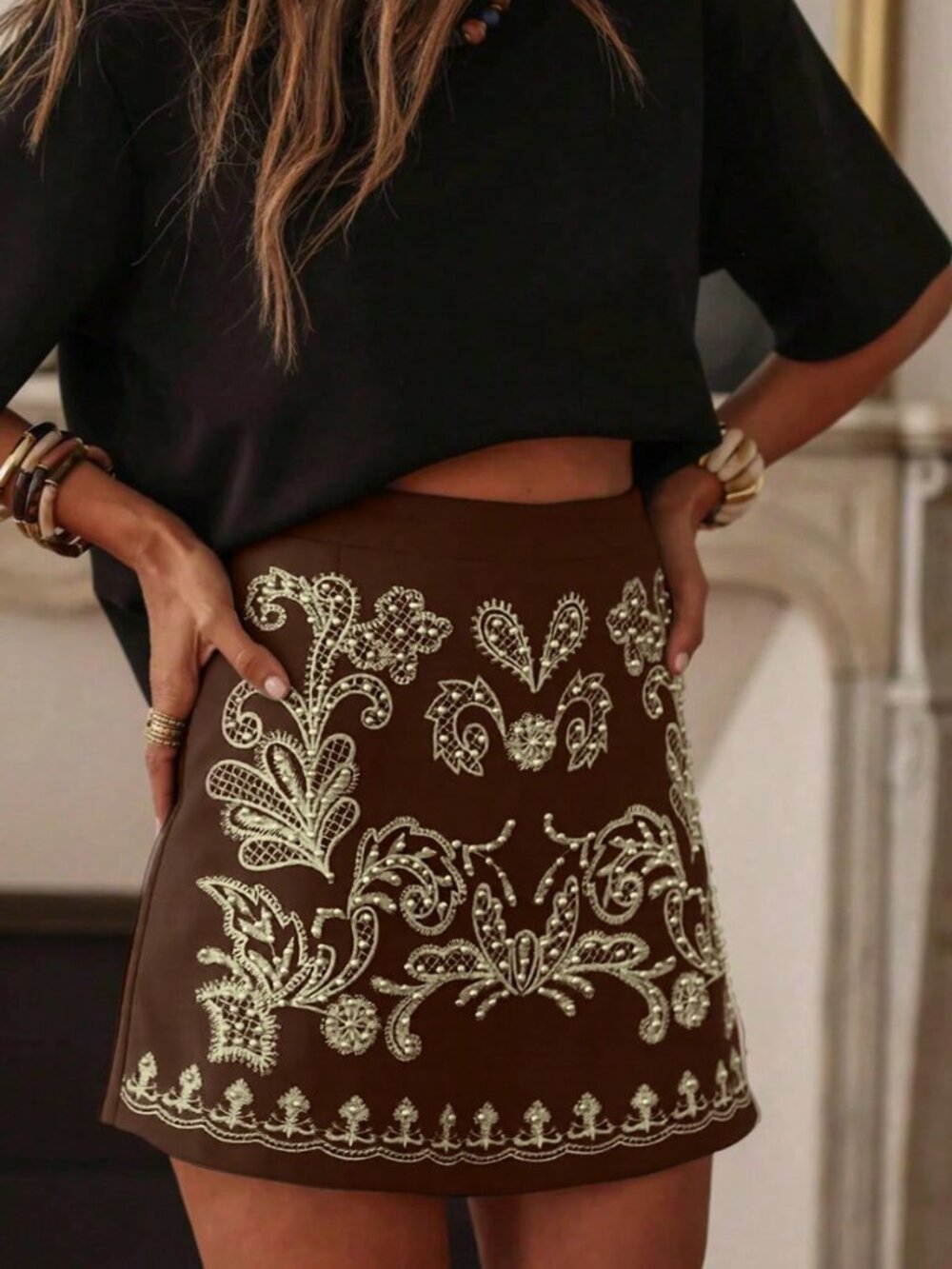 Coffee Brown Women's Embroidered Beaded Floral Print Skirt
